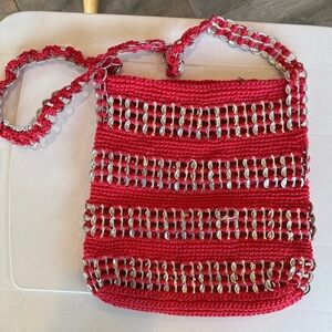 Red Crochet Crossbody Bag with Silver Accent Chains